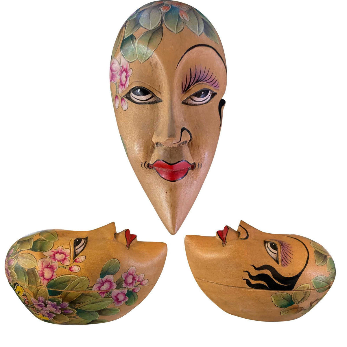 Lunar Moon Goddess Dream Mask Trinket Box Stash Box Hand Carved Wood Carving Folk art Painted