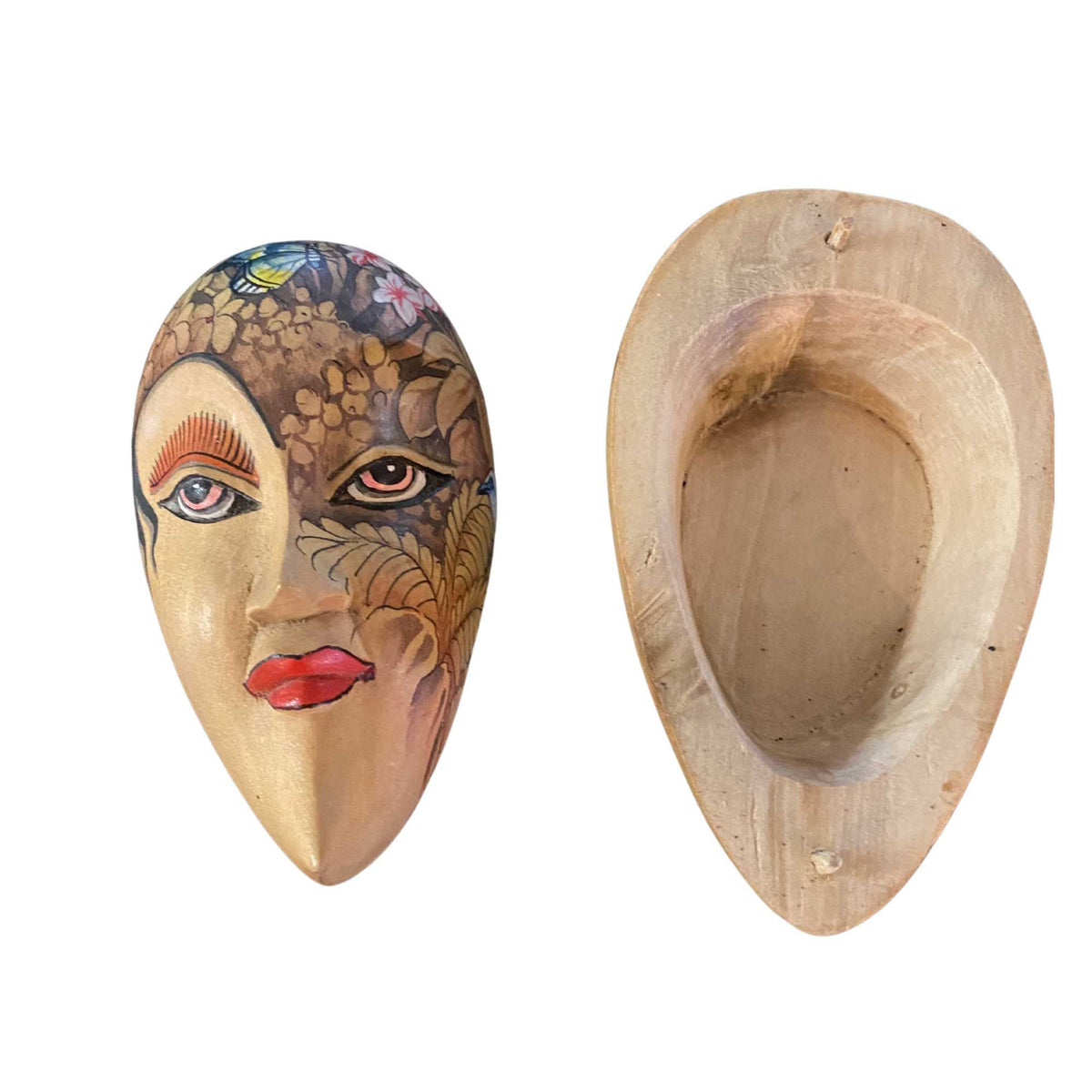 Lunar Moon Goddess Dream Mask Trinket Box Stash Box Hand Carved Wood Carving Folk art Painted
