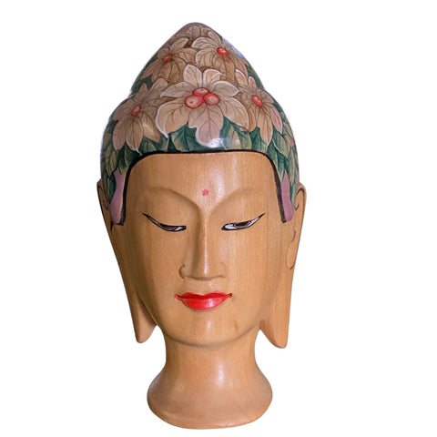 Balinese Buddha Bust Sculpture Jungle Mystic Statue Carved Wood Painted Bali Art