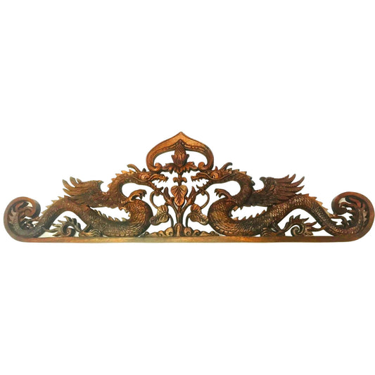 Balinese Twin Dragon Naga Relief Panel Hand Carved Wood Bali wall art 31&quot; - Acadia World Traders