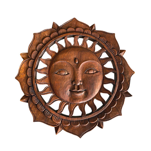 Balinese Sun Surya & Lotus Wall art Panel Sculpture Plaque Hand Carved Wood Carving Bali Folk Art