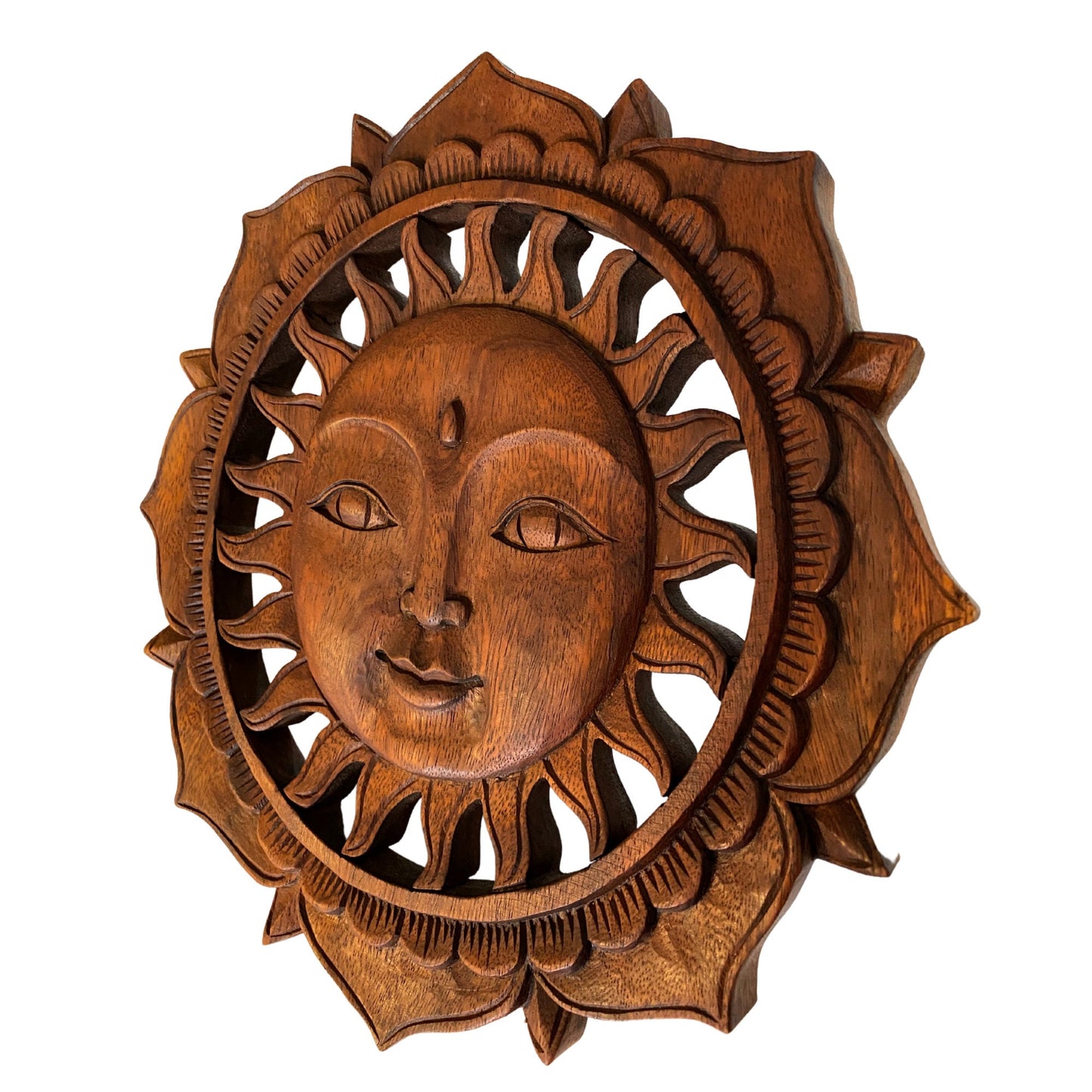 Balinese Sun Surya & Lotus Wall art Panel Sculpture Plaque Hand Carved Wood Carving Bali Folk Art