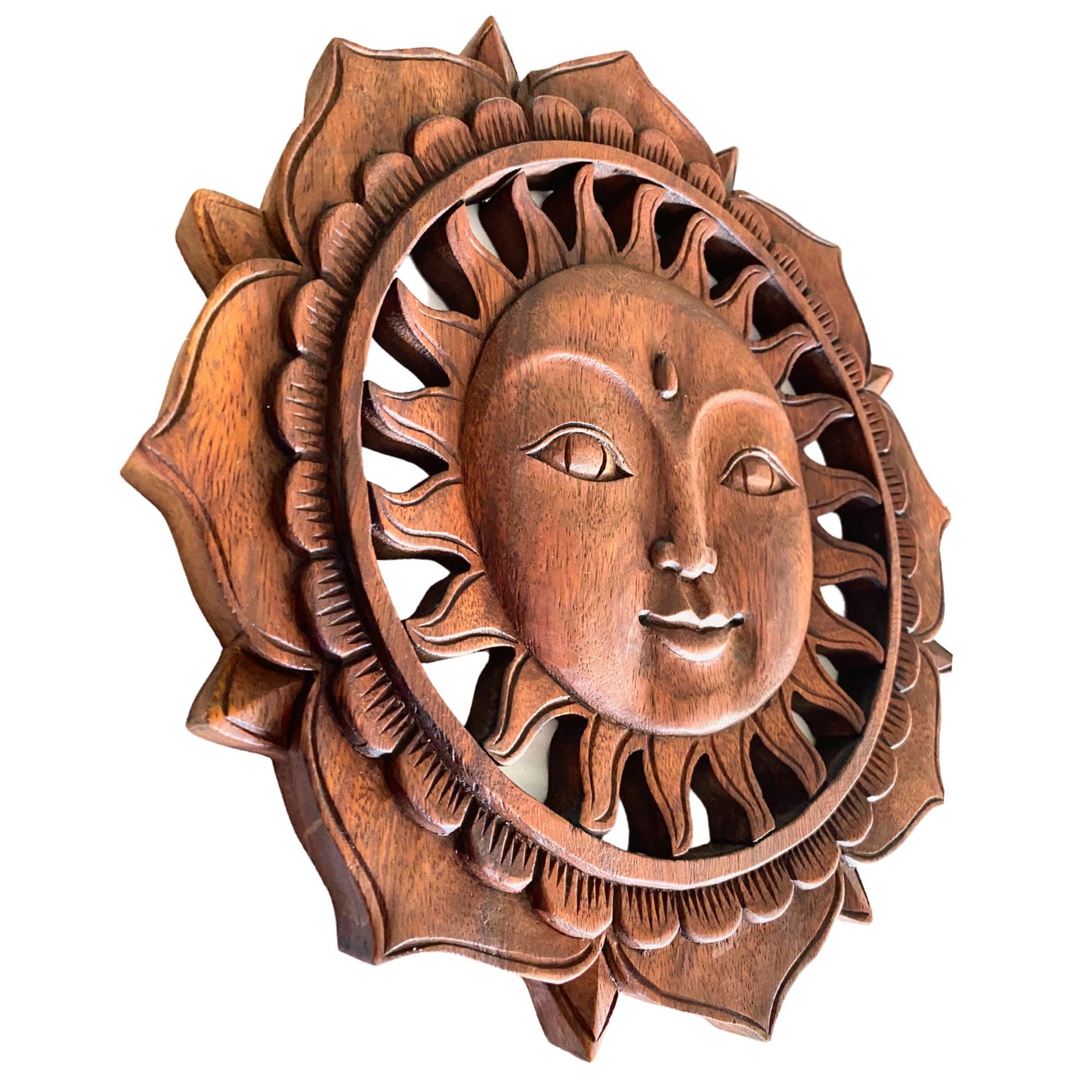 Balinese Sun Surya & Lotus Wall art Panel Sculpture Plaque Hand Carved Wood Carving Bali Folk Art