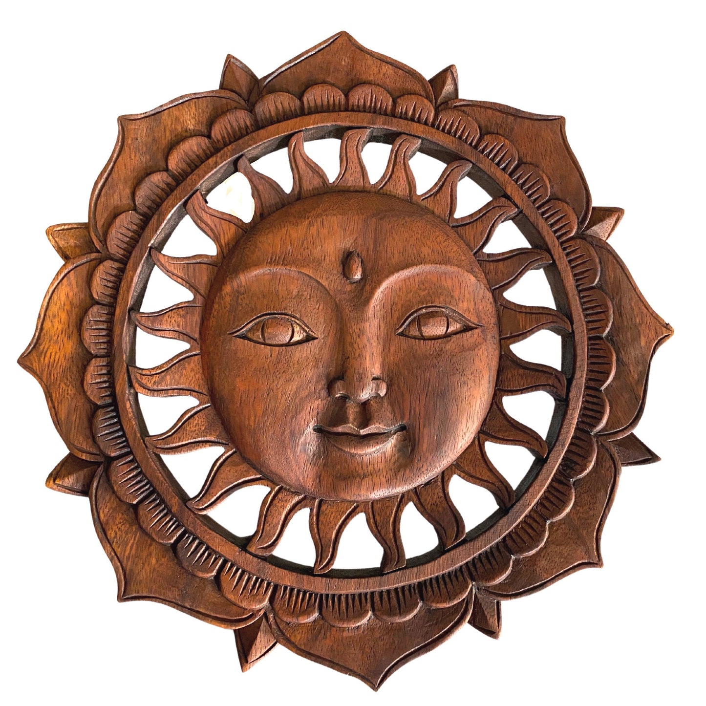 Balinese Sun Surya & Lotus Wall art Panel Sculpture Plaque Hand Carved Wood Carving Bali Folk Art