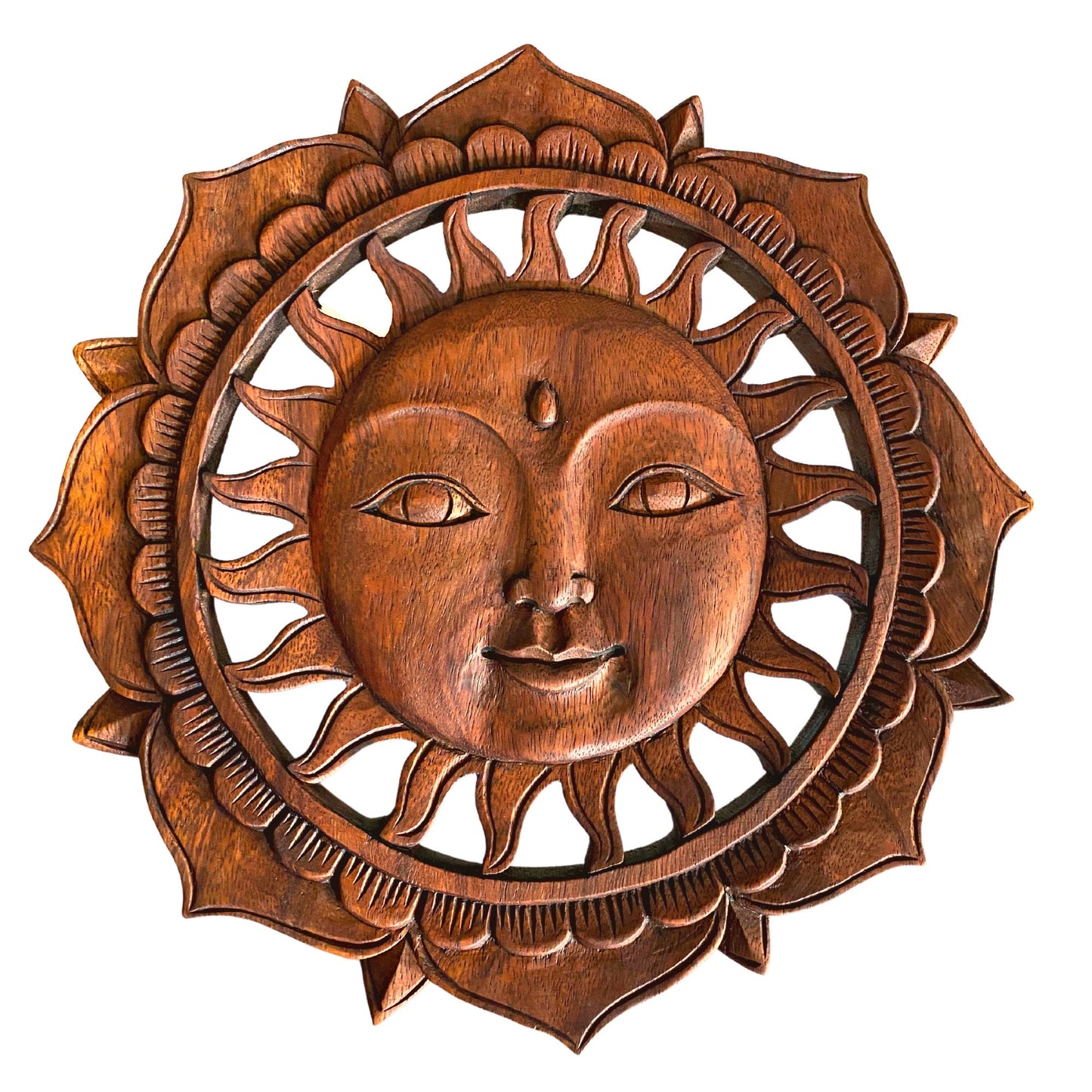 Balinese Sun Surya & Lotus Wall art Panel Sculpture Plaque Hand Carved Wood Carving Bali Folk Art