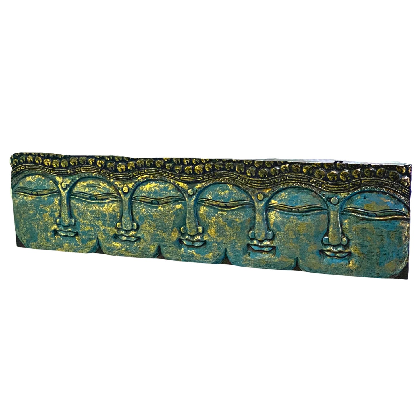 Infinite Faces of Buddha Panel Hand Carved Wood Relief Bali Wall Art Sculpture Balinese Folk Art Blue Home decor 48&quot; - Acadia World Traders