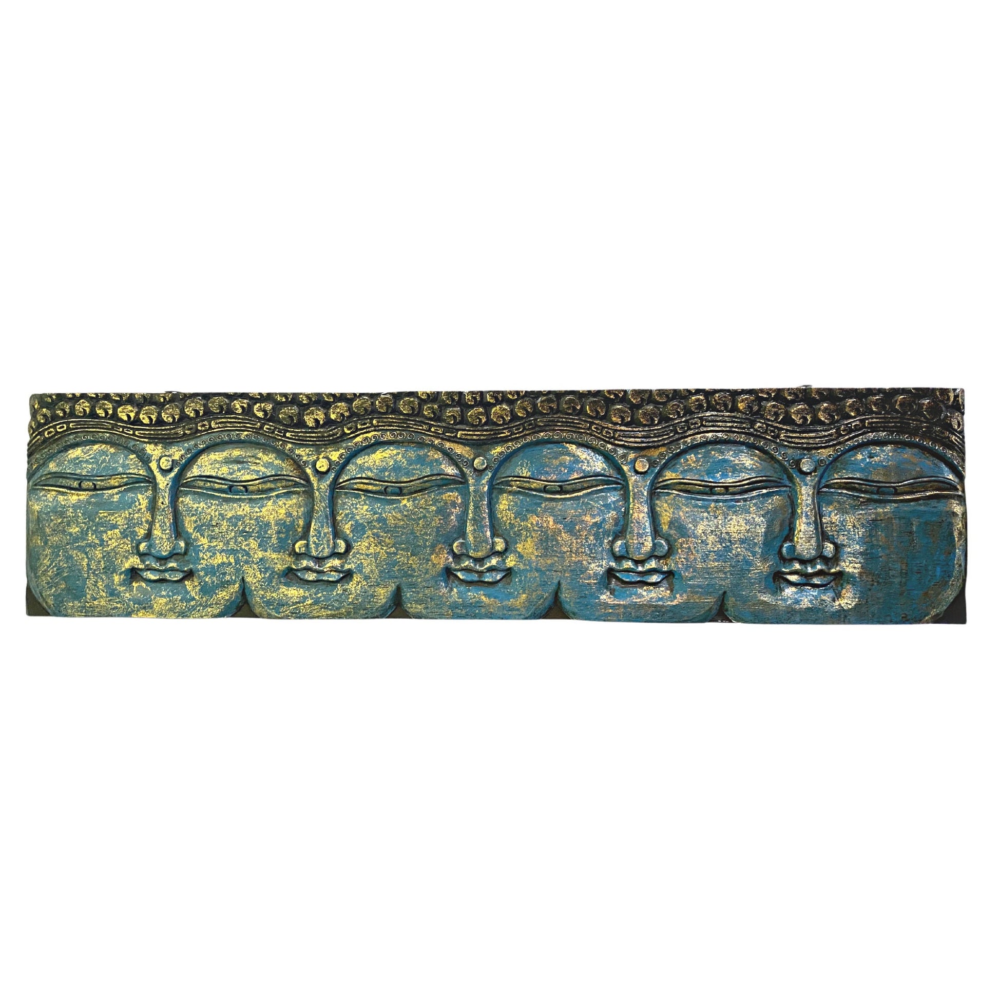 Infinite Faces of Buddha Panel Hand Carved Wood Relief Bali Wall Art Sculpture Balinese Folk Art Blue Home decor 48&quot; - Acadia World Traders