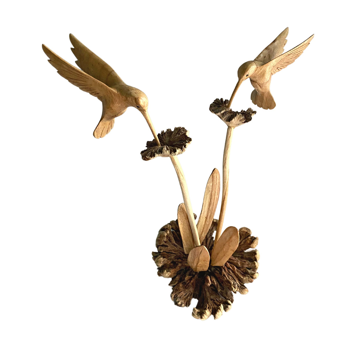 Hummingbird On a flower Carved Parasite Wood Sculpture: Mushroom Wood Bird Carving Statue, Balinese art - Acadia World Traders