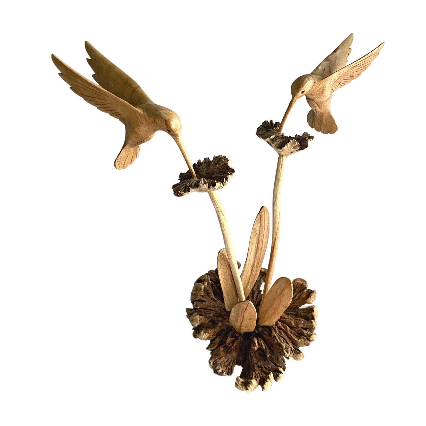Hummingbird On a flower Carved Parasite Wood Sculpture: Mushroom Wood Bird Carving Statue, Balinese art