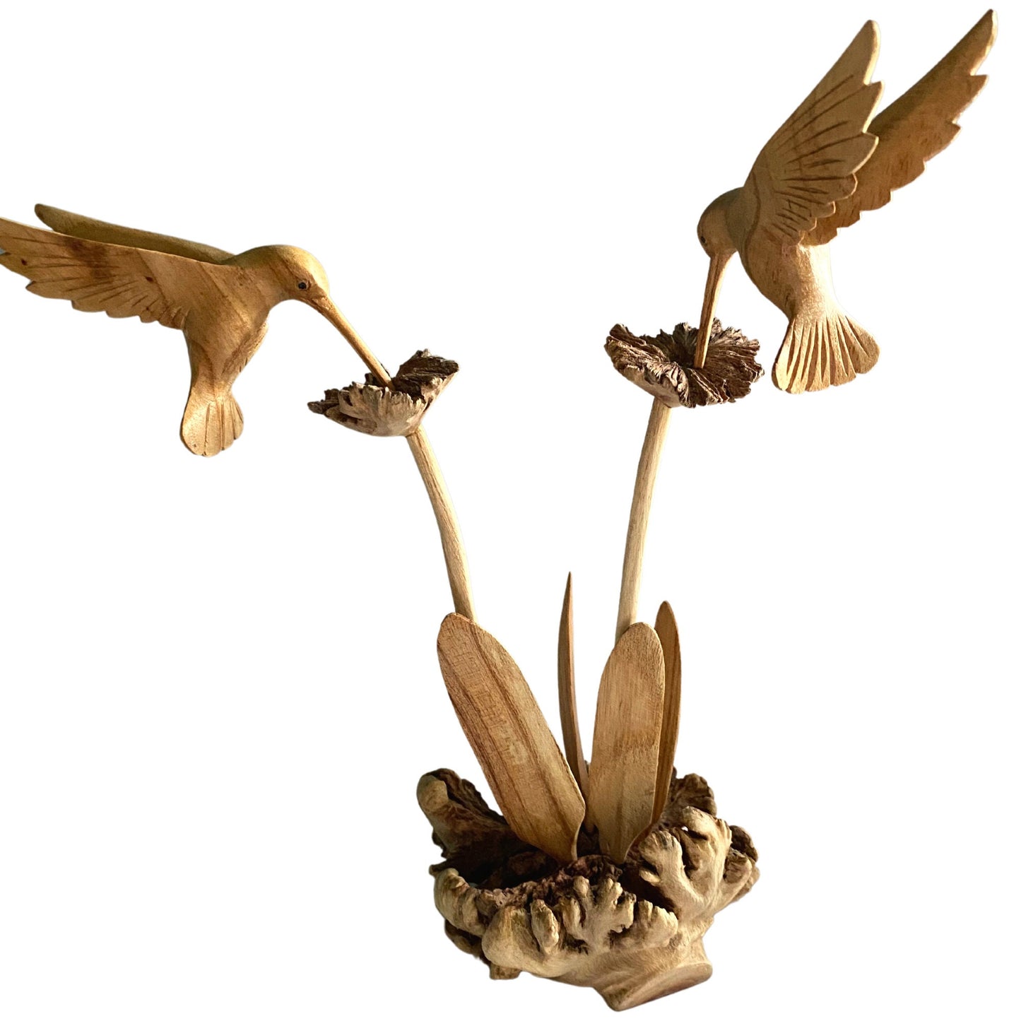 Hummingbird On a flower Hand Carved Wood Sculpture Statue Parasite Mushroom Bird Wood Carving Balinese art - Acadia World Traders