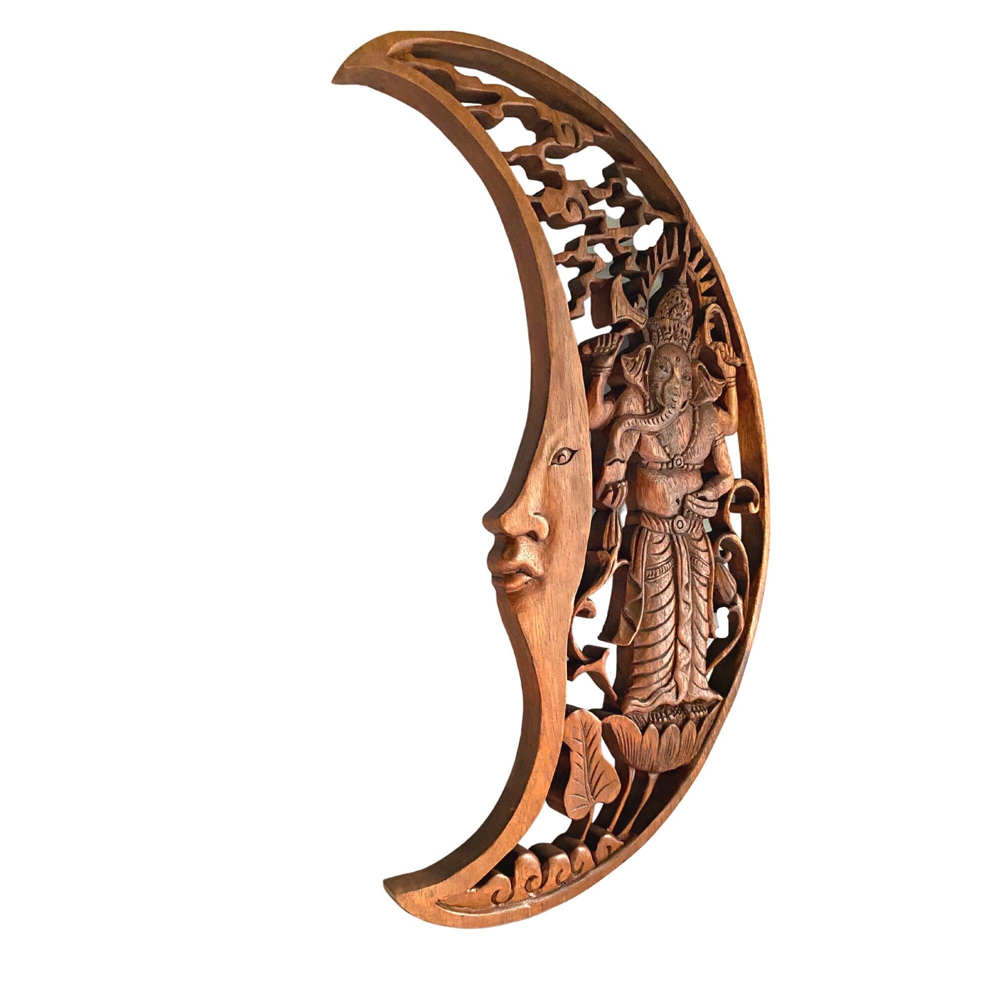 Hand Carved Moon Ganesha Wall Art Panel: Balinese Suar Wood Carving Sculpture