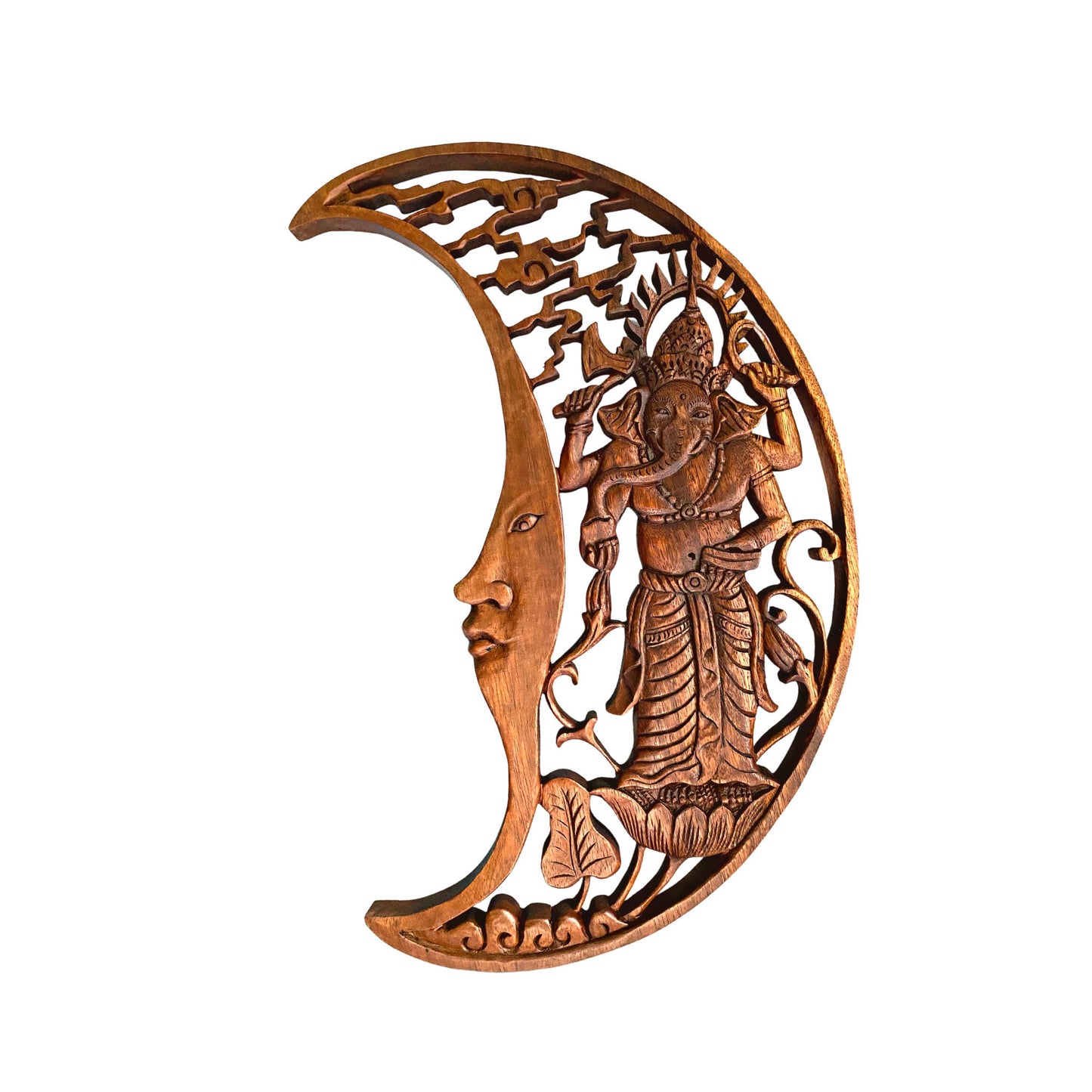 Hand Carved Moon Ganesha Wall Art Panel: Balinese Suar Wood Carving Sculpture