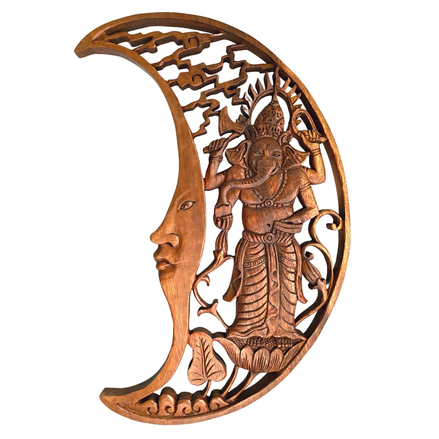 Hand Carved Moon Ganesha Wall Art Panel: Balinese Suar Wood Carving Sculpture