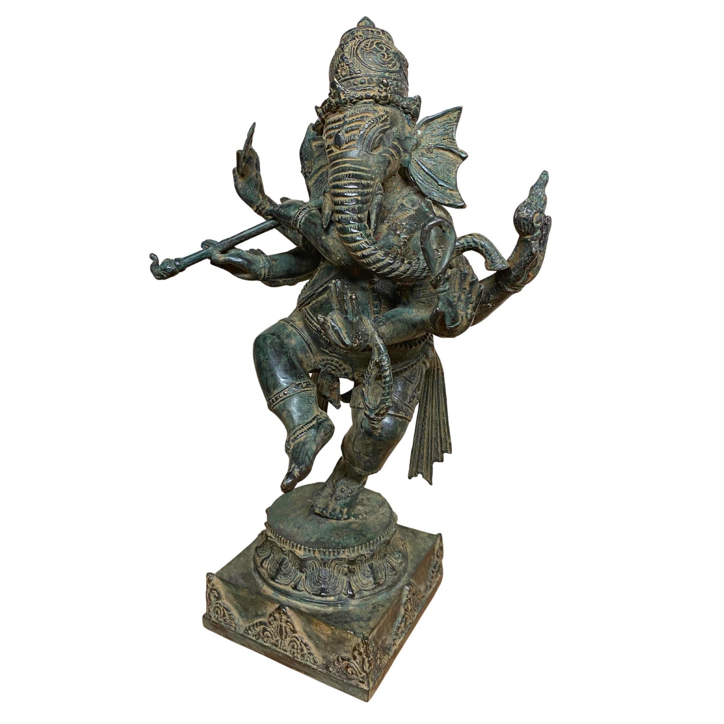 Dancing Ganesha Bronze Sculpture: Handmade Balinese Lost Wax Cast Metal Statue with Verdigris Patina