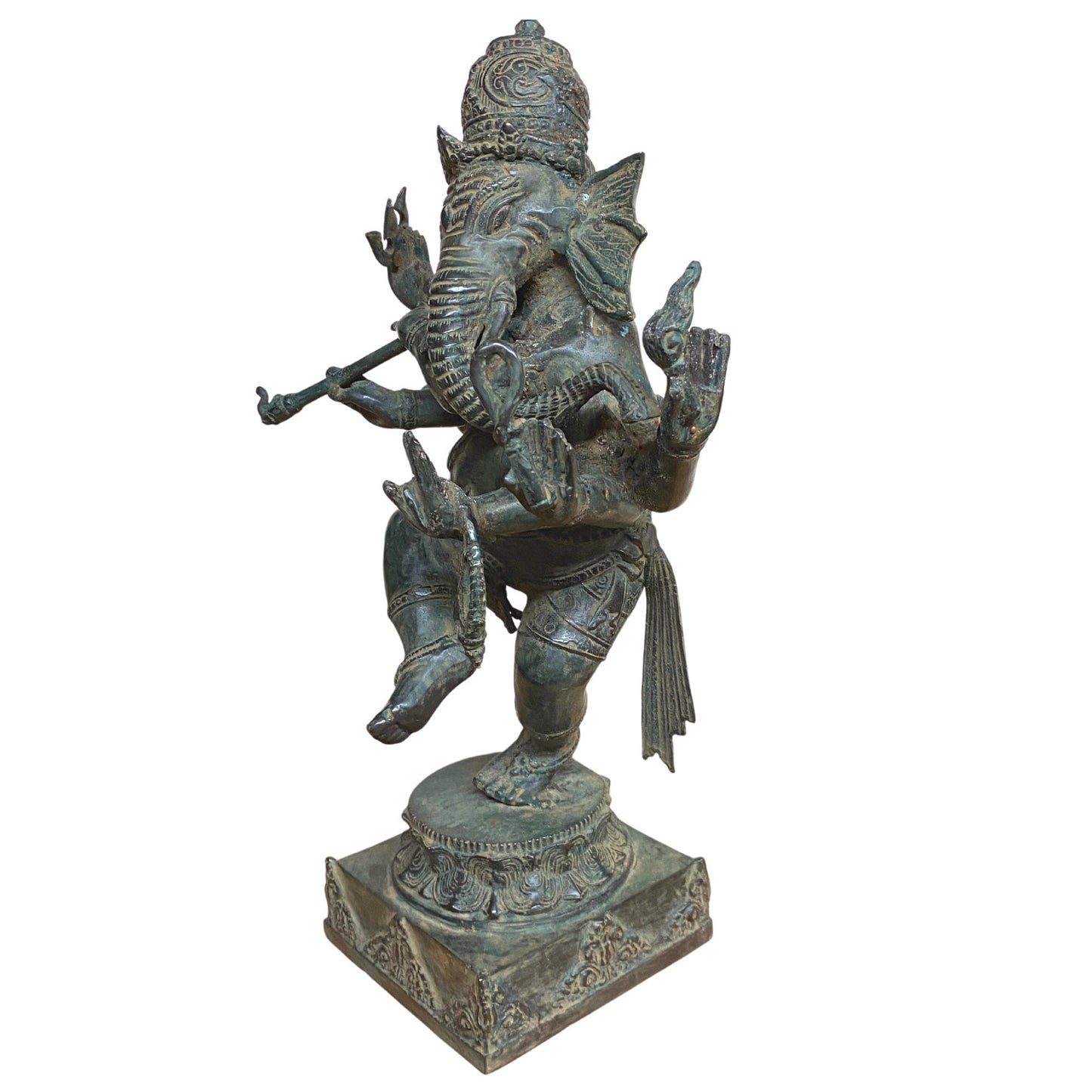Dancing Ganesha Bronze Sculpture: Handmade Balinese Lost Wax Cast Metal Statue with Verdigris Patina