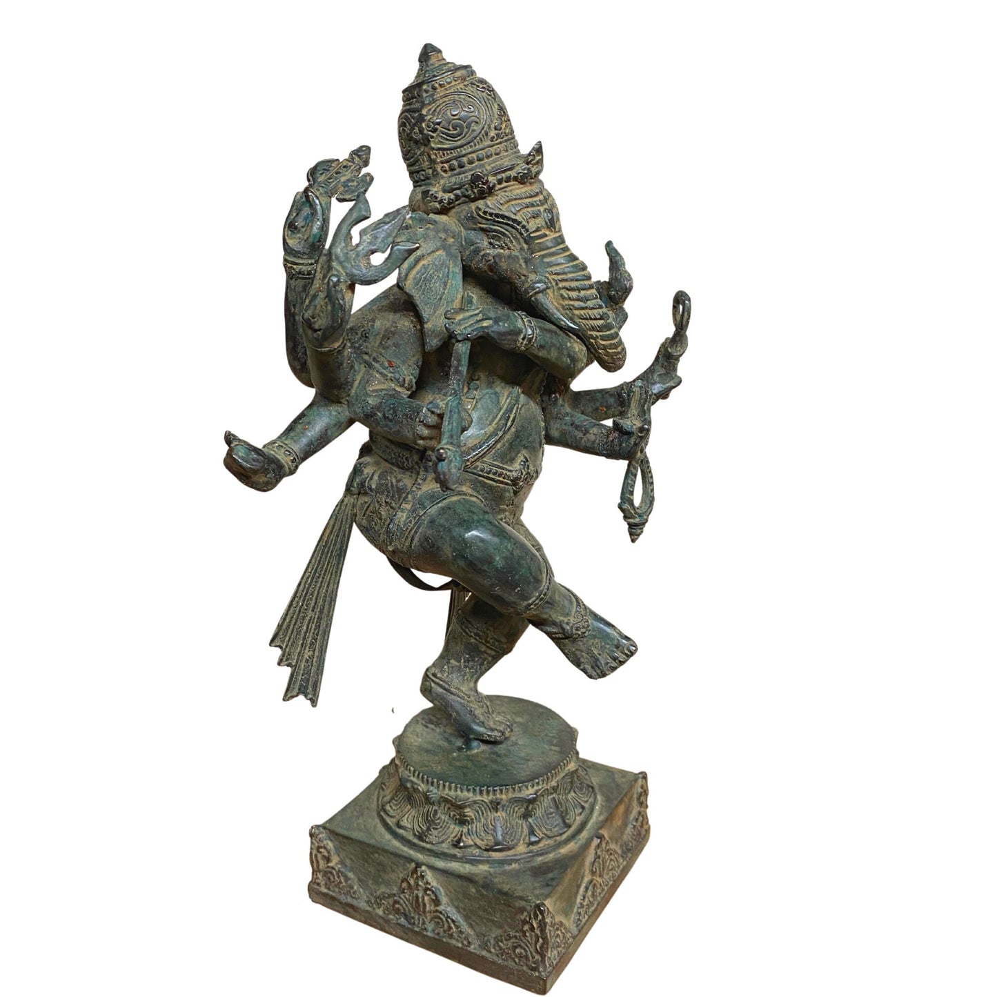 Dancing Ganesha Bronze Sculpture: Handmade Balinese Lost Wax Cast Metal Statue with Verdigris Patina