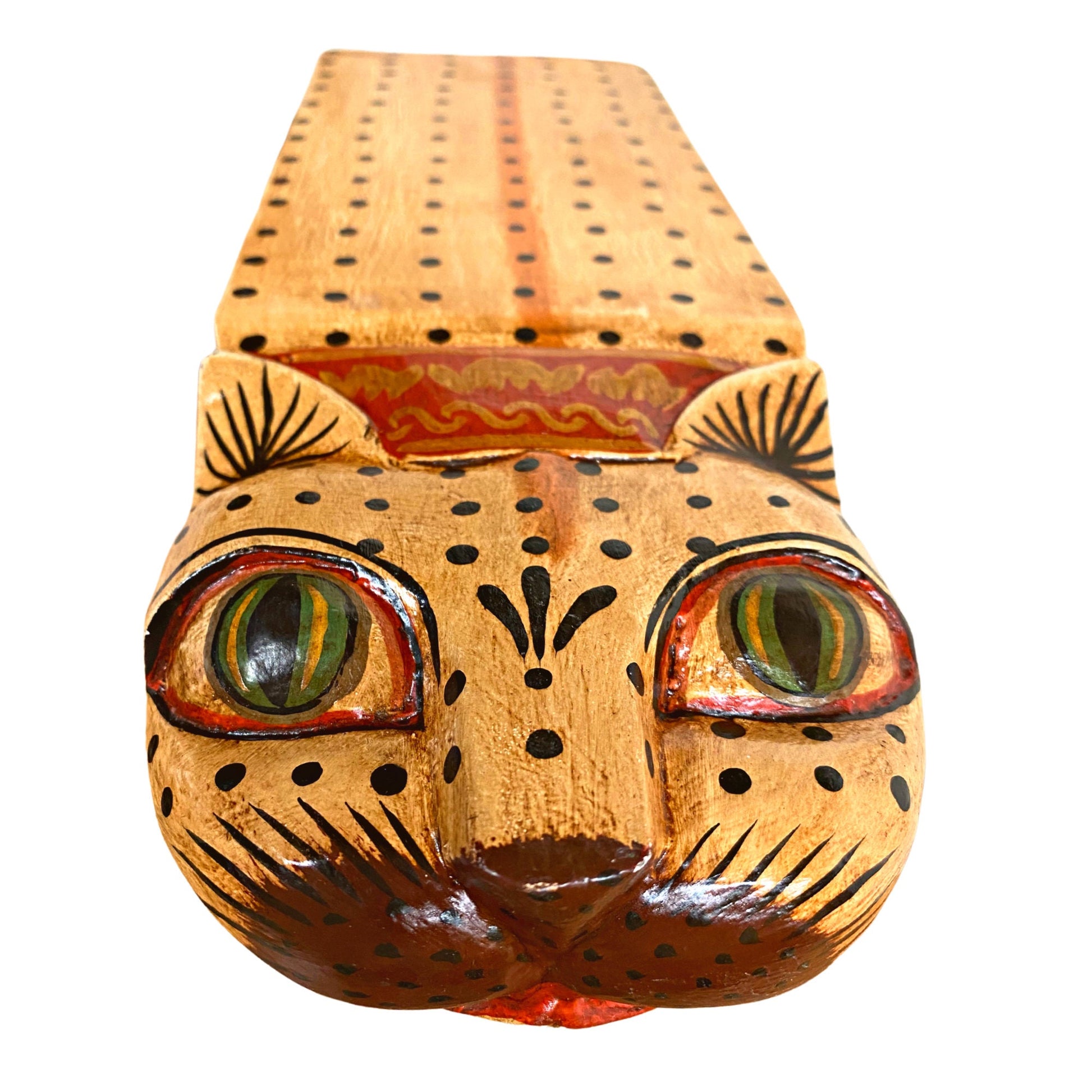 Tiger Cat Plant Stand Black & Beige Stripe Dots Leopard Spots Balinese Hand Carved Wood Carving Feline Bali Folk Art Wooden Stool - Acadia World Traders