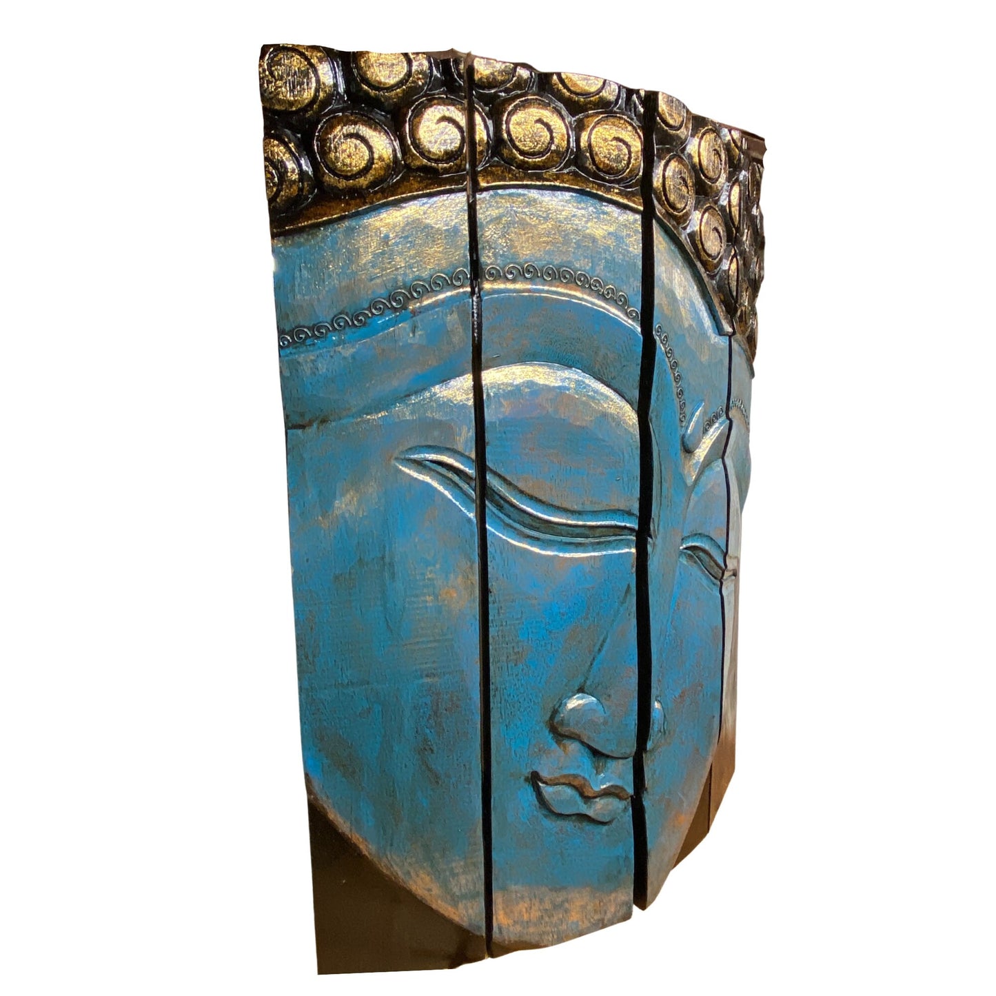 Calm Blue Buddha Wall Art Panel Folding Screen Hand Carved Wood Carving Balinese Handcrafted Handmade Eclectic Asian Style Boho Decor