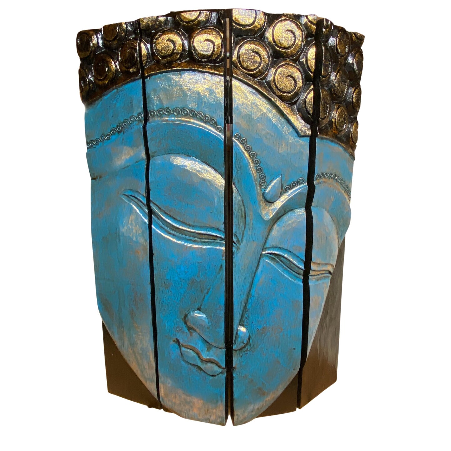 Calm Blue Buddha Wall Art Panel Folding Screen Hand Carved Wood Carving Balinese Handcrafted Handmade Eclectic Asian Style Boho Decor