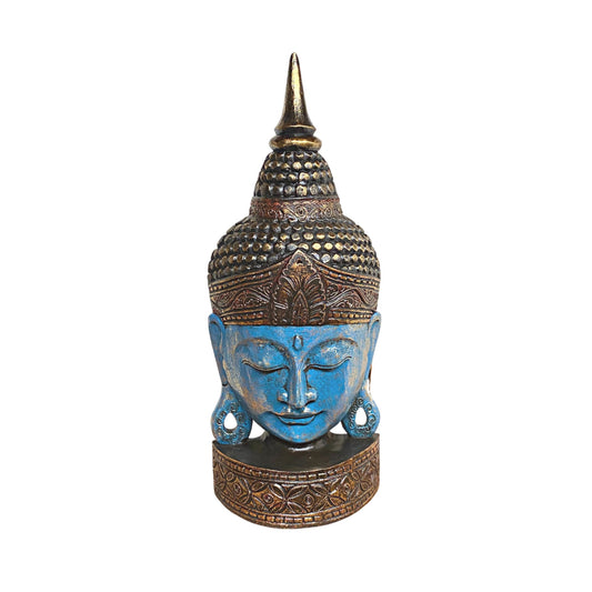 Balinese Buddha Mask Freestanding Sculpture: Hand Carved Wood Statue Bali Art Decor 24"
