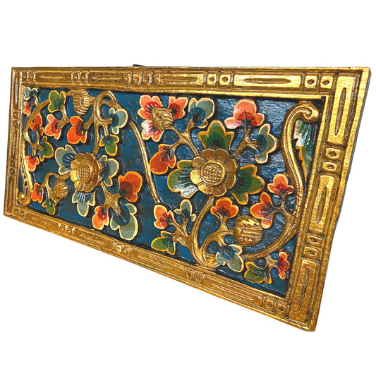 Balinese Lotus Panel architectural Relief Wood Carving Bali wall Art teal 24&quot; - Acadia World Traders