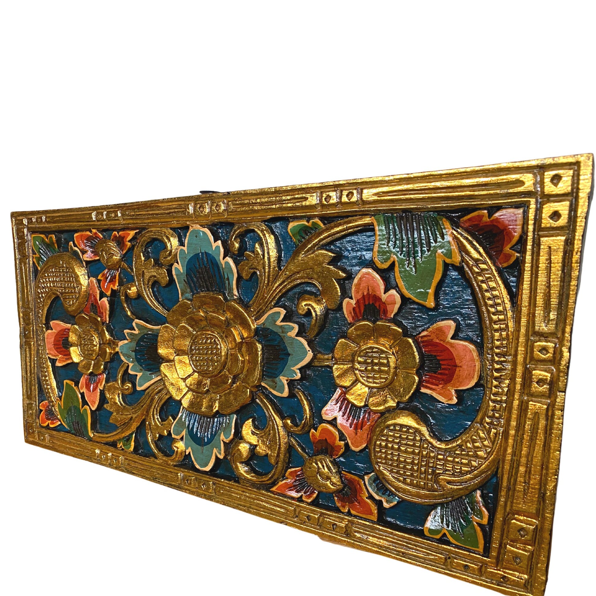 Balinese Golden Lotus Panel architectural Relief Wood Carving Bali wall Art teal 24&quot; - Acadia World Traders