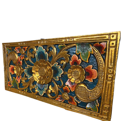 Balinese Golden Lotus Panel architectural Relief Wood Carving Bali wall Art teal 24&quot;