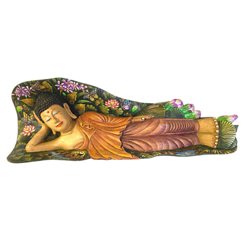 Nirvana Buddha Statue Resting In Repose Hand Painted & Carved Wood Sculpture Balinese Bali Buddhist Art wood carving