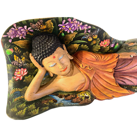 Nirvana Buddha Statue Resting In Repose Hand Painted & Carved Wood Sculpture Balinese Bali Buddhist Art wood carving