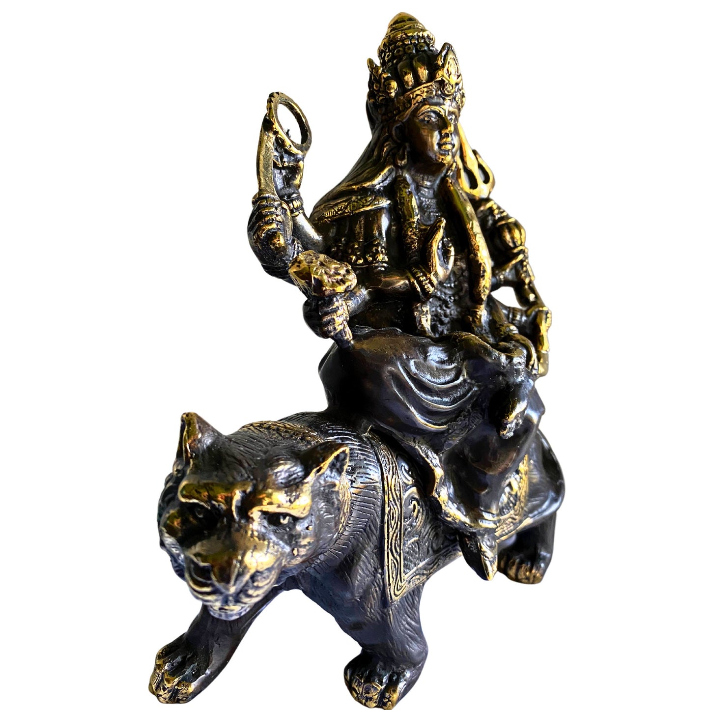 Durga Statue: Lost Wax Cast Bronze Hindu Goddess on Tiger