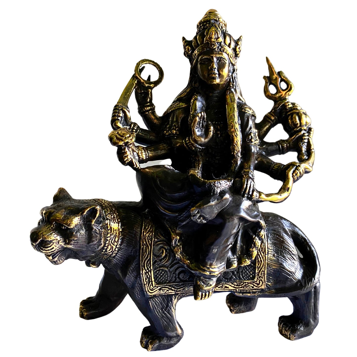 Devi Durga Statue Murti Hindu Shakti Warrior Goddess Mounted upon Tiger Statue Lost Wax Cast Bronze Sculpture Bali Hindu Art