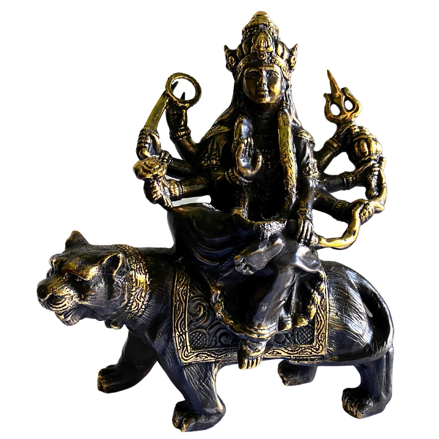 Durga Statue: Lost Wax Cast Bronze Hindu Goddess on Tiger