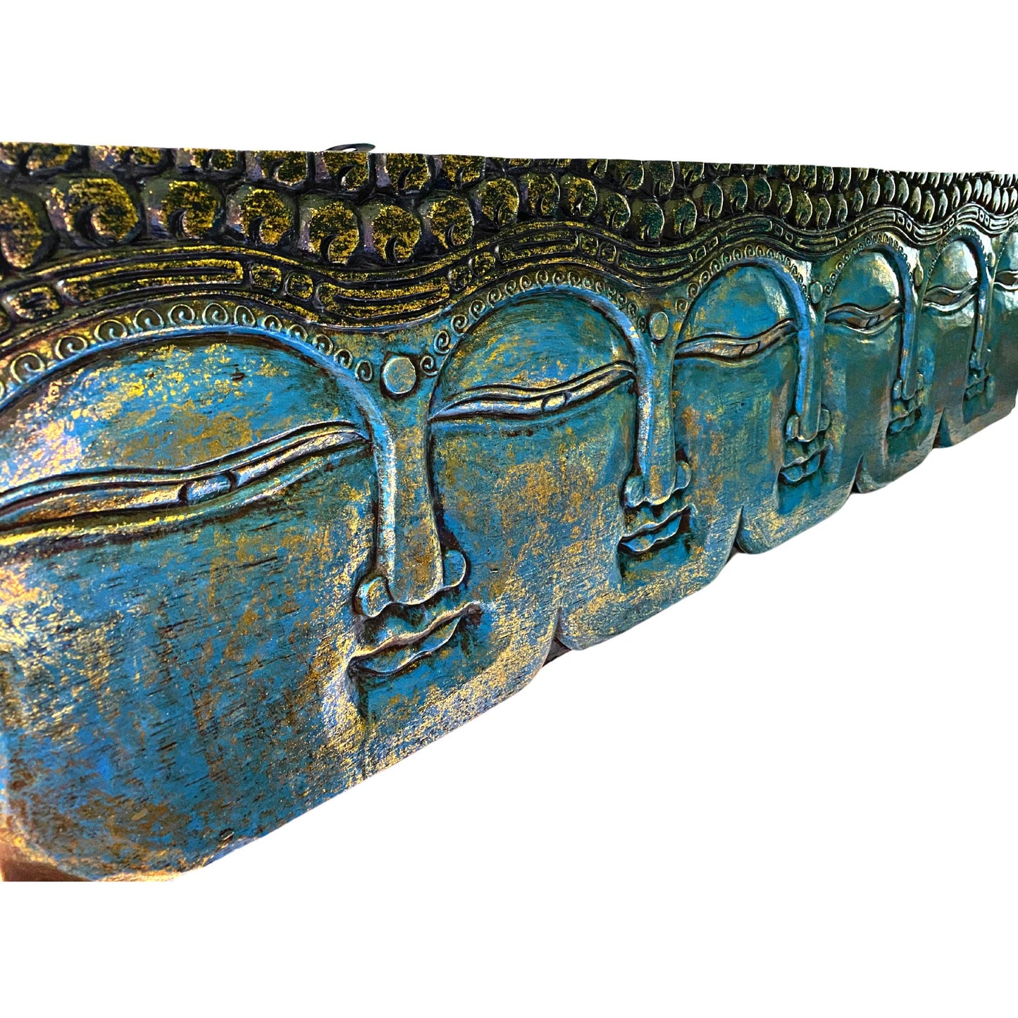 Infinite Faces of Buddha Panel Hand Carved Wood Relief Bali Wall Art Sculpture Balinese Folk Art Blue Home decor 48&quot; - Acadia World Traders