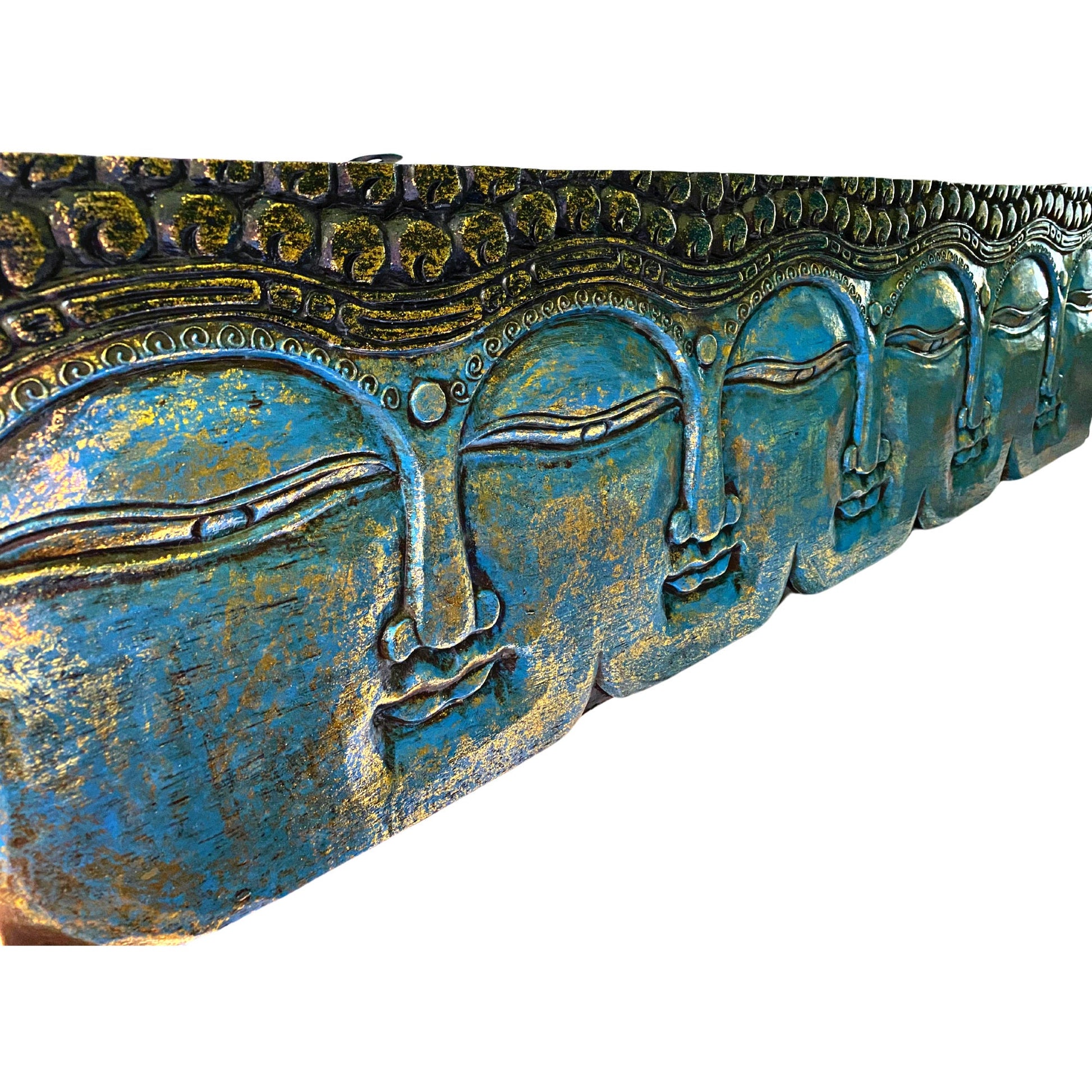 Infinite Faces of Buddha Panel Hand Carved Wood Relief Bali Wall Art Sculpture Balinese Folk Art Blue Home decor 48&quot; - Acadia World Traders