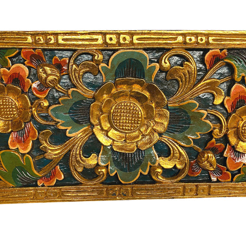 Balinese Golden Lotus Panel architectural Relief Wood Carving Bali wall Art teal 39&quot;