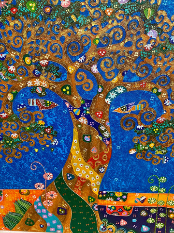 Tree of Life Fine art Painting acrylic on Canvas signed Agung Bali Blue Handmade Home Decor Klimt Inspired  Wall Art