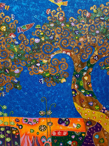 Tree of Life Fine art Painting acrylic on Canvas signed Agung Bali Blue Handmade Home Decor Klimt Inspired  Wall Art