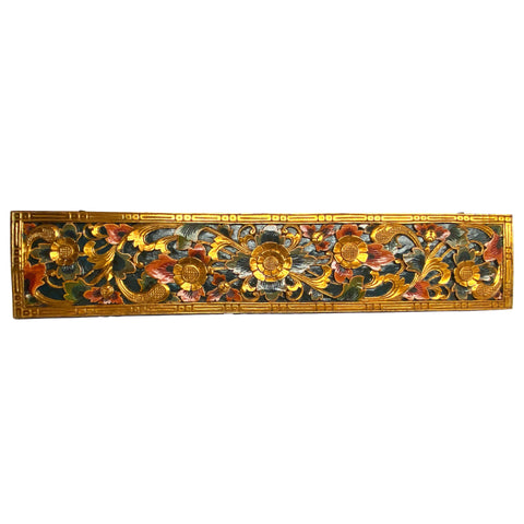 Balinese golden Lotus Motif Panel architectural Relief Wood Carving Bali wall Art teal 60&quot;