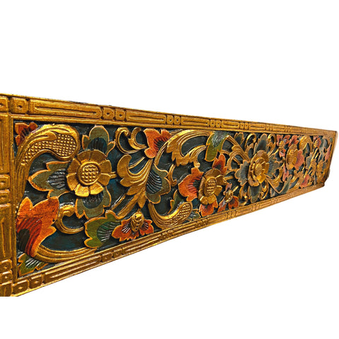 Balinese golden Lotus Motif Panel architectural Relief Wood Carving Bali wall Art teal 60&quot;