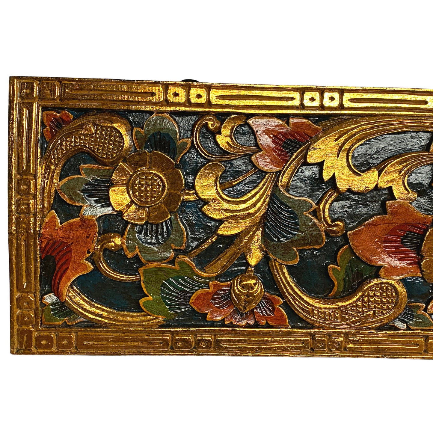 Balinese golden Lotus Motif Panel architectural Relief Wood Carving Bali wall Art teal 60&quot;
