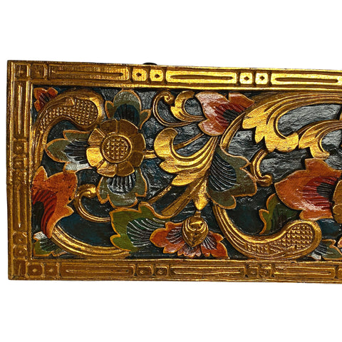 Balinese golden Lotus Motif Panel architectural Relief Wood Carving Bali wall Art teal 60&quot;