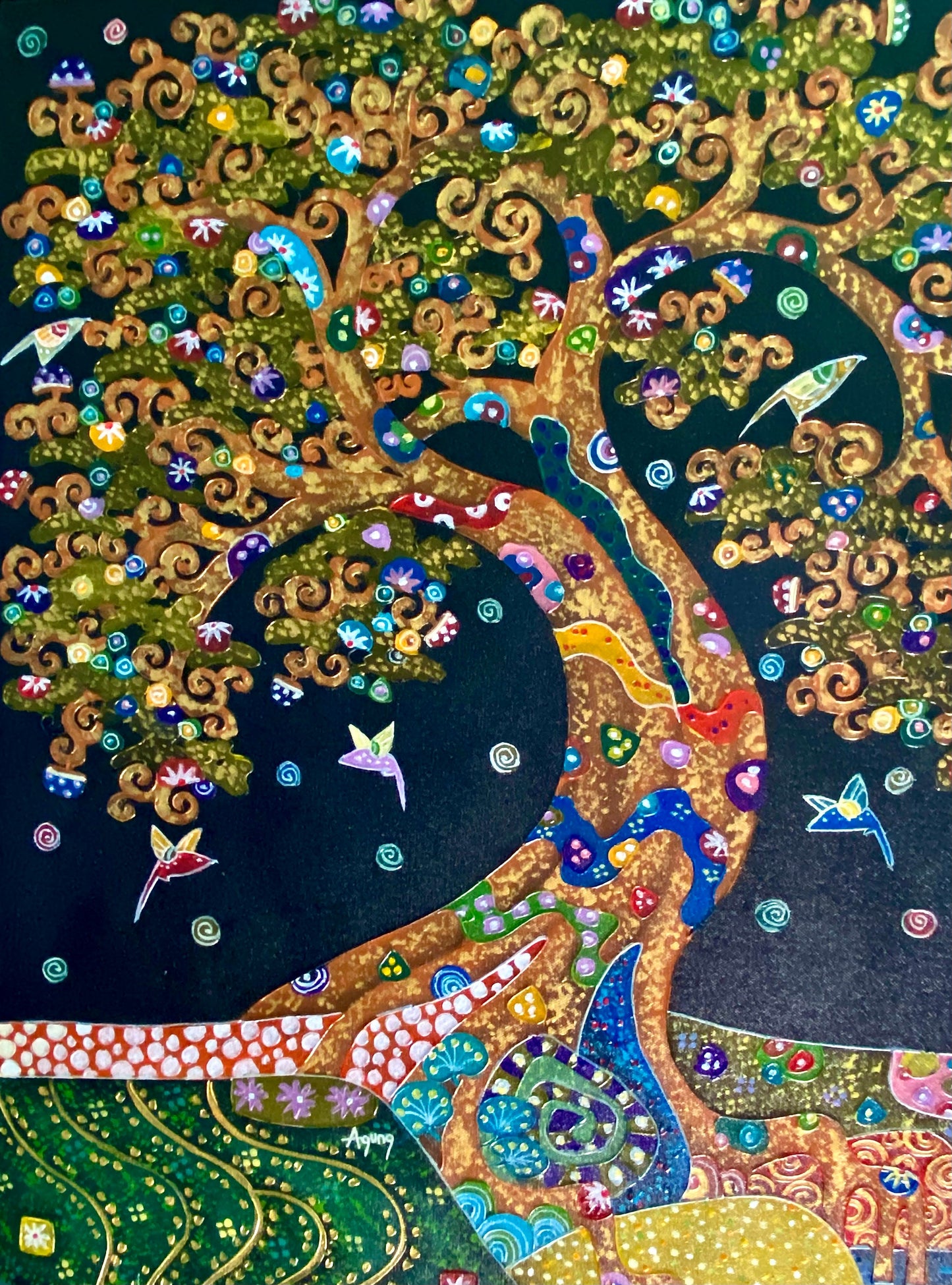 Tree of Life Fine art Painting acrylic on Canvas signed Agung Bali Wall Art Ubud Bali Klimt inspired