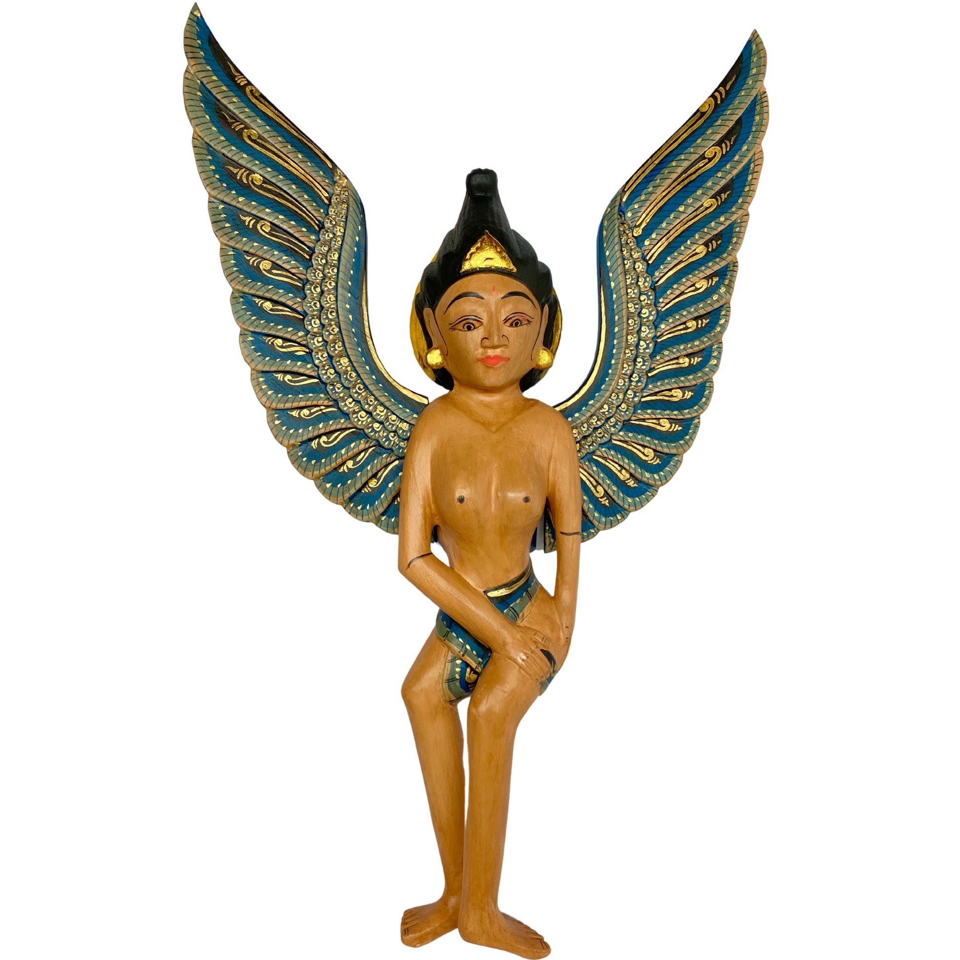 Winged Dewi Sri Fertility Goddess Nursery Mobile Demon Chaser Cradle Guardian Carved Wood Balinese Folk art Teal - Acadia World Traders