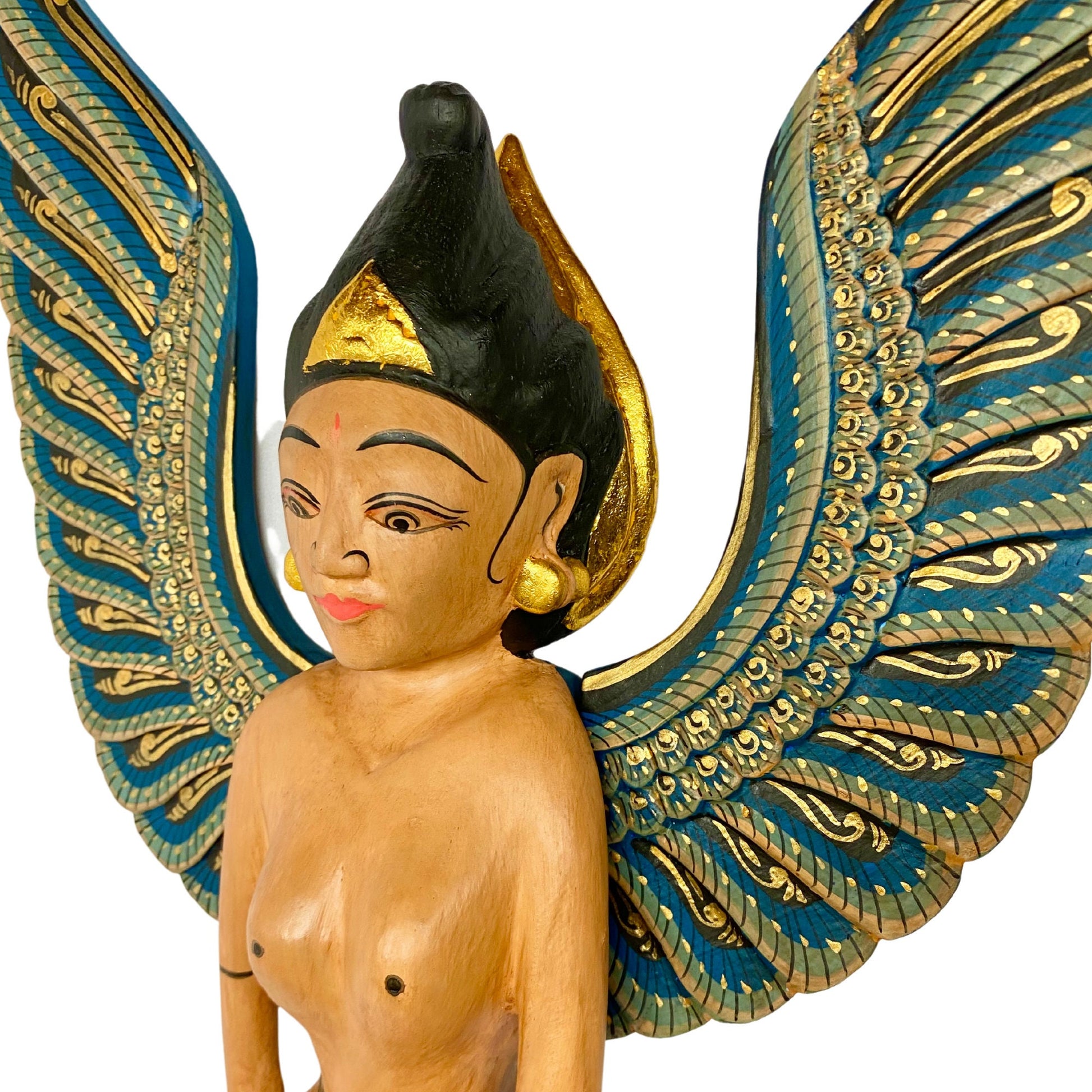 Winged Dewi Sri Fertility Goddess Nursery Mobile Demon Chaser Cradle Guardian Carved Wood Balinese Folk art Teal - Acadia World Traders
