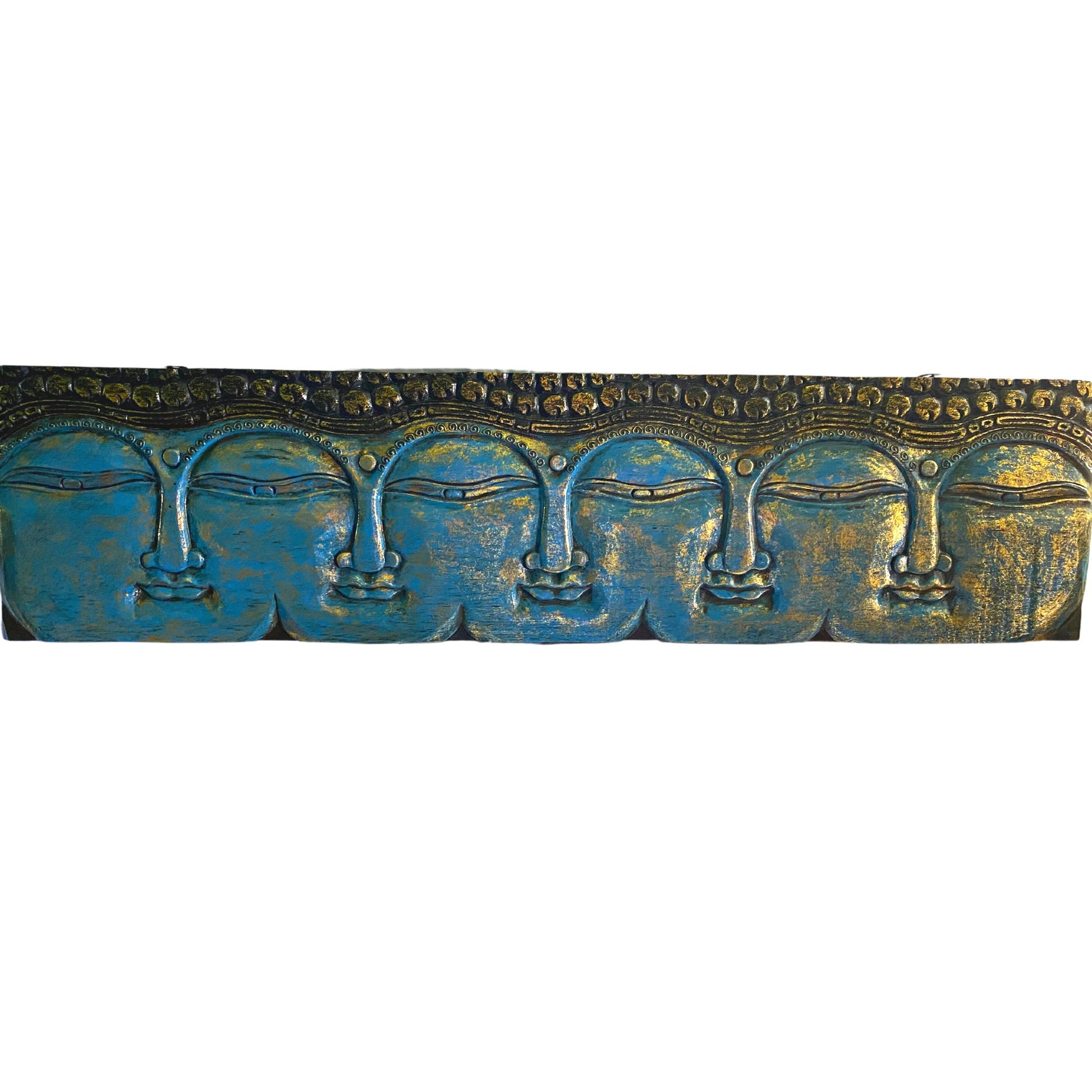 Infinite Faces of Buddha Panel Hand Carved Wood Relief Bali Wall Art Sculpture Balinese Folk Art Blue Home decor 48&quot; - Acadia World Traders