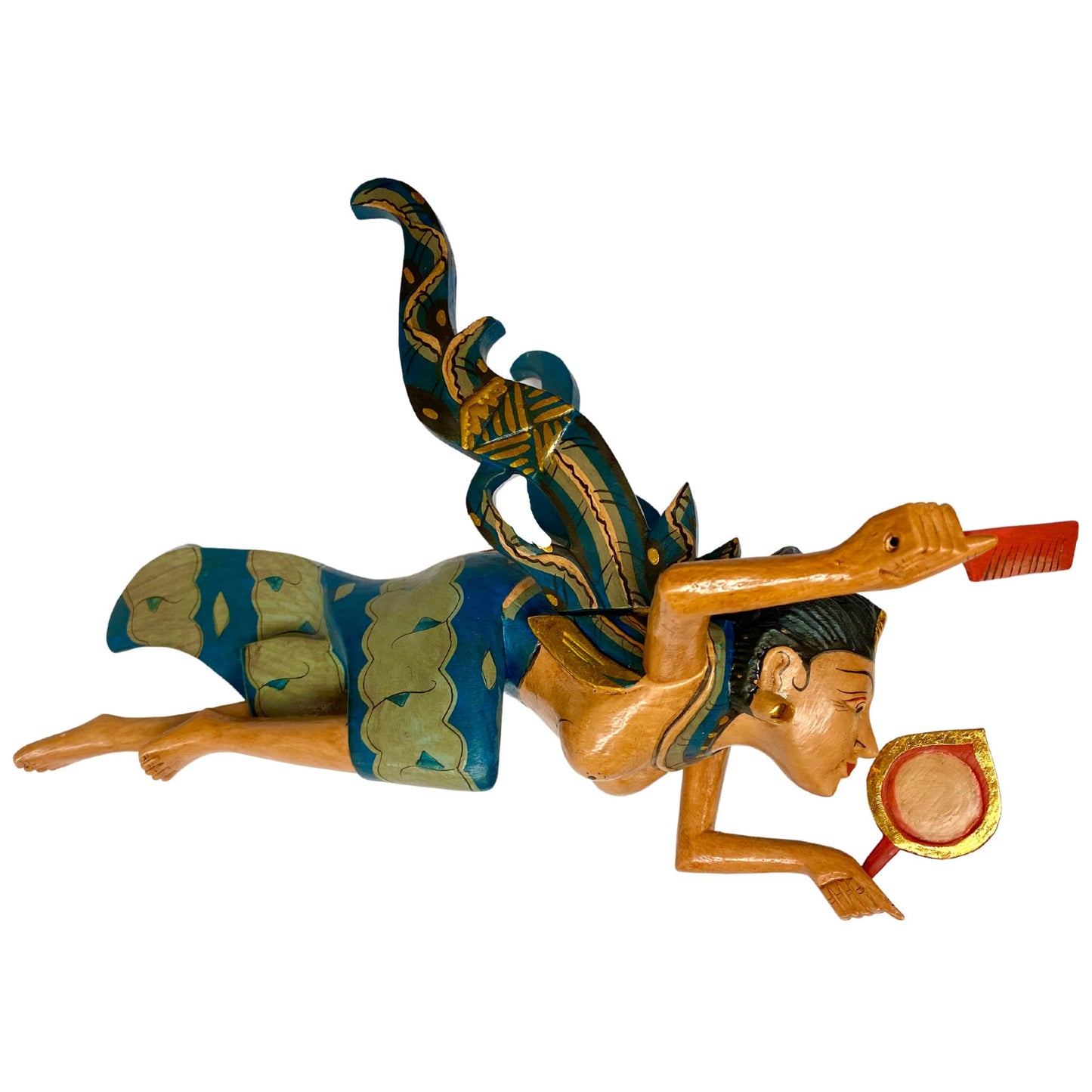 Winged Dewi Ratih Moon Lunar Goddess Mobile Spiritchaser Crib Guardian Hand Carved Wood Bali Folk Art Teal 16&quot;