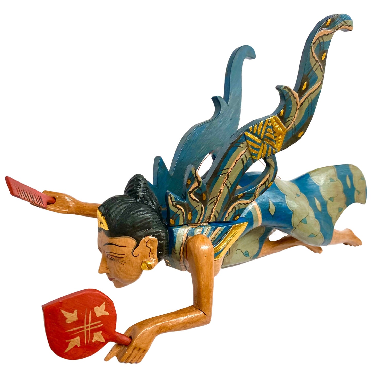 Winged Dewi Ratih Moon Lunar Goddess Mobile Spiritchaser Crib Guardian Hand Carved Wood Bali Folk Art Teal 16&quot;