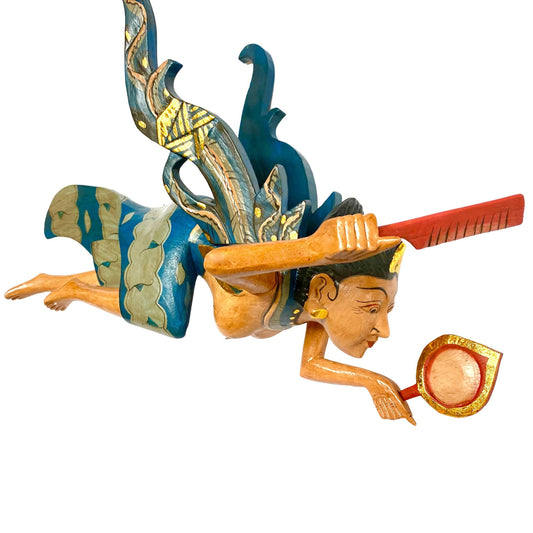 Winged Dewi Ratih Moon Lunar Goddess Mobile Spiritchaser Crib Guardian Hand Carved Wood Bali Folk Art Teal 16&quot;