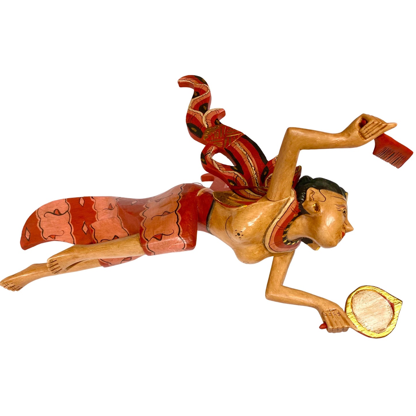 Flying Dewi Ratih Moon Lunar Goddess Mobile Crib Guardian Hand Carved Wood Bali Folk Art red 16&quot;