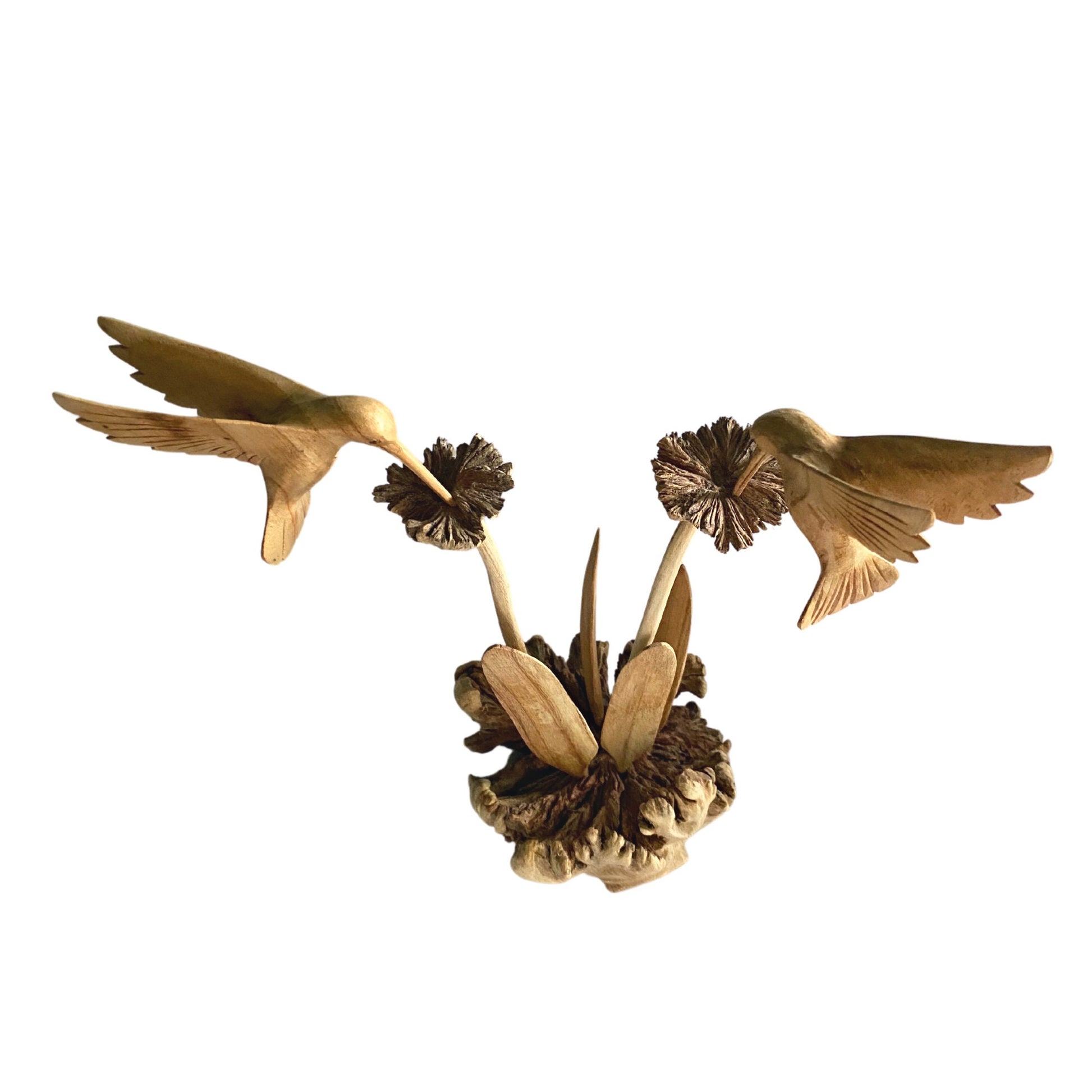 Hummingbird On a flower Hand Carved Wood Sculpture Statue Parasite Mushroom Bird Wood Carving Balinese art - Acadia World Traders